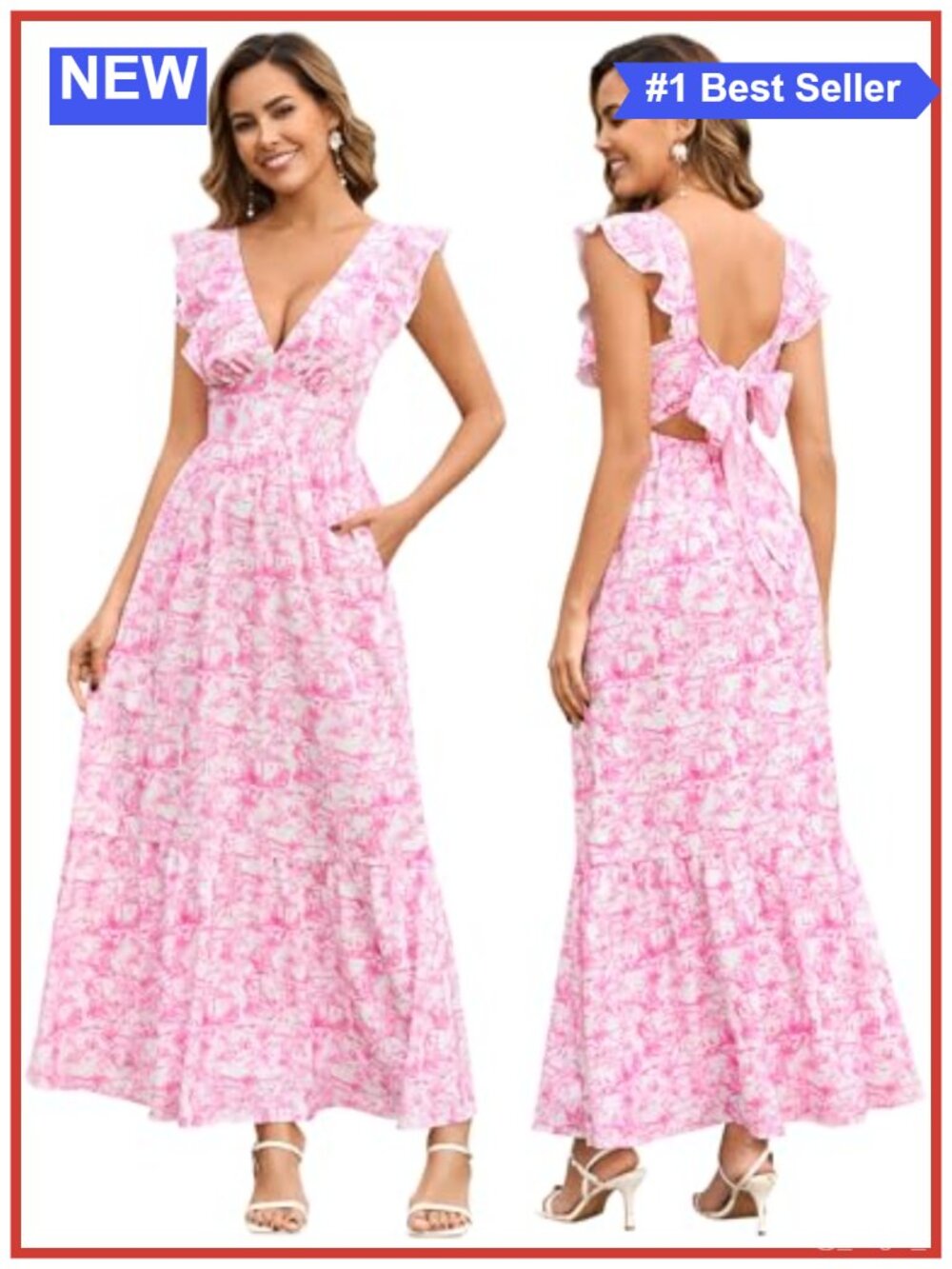 Floral Maxi Dress V-Neck Bow Tie Back Ruffle Sleeve Wedding Guest Summer